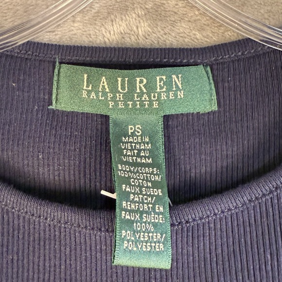 Y2K Lauren Ralph Lauren PS Navy  Ribbed‎ Top with Brown Quilted Shoulder Patch - Picture 7 of 7